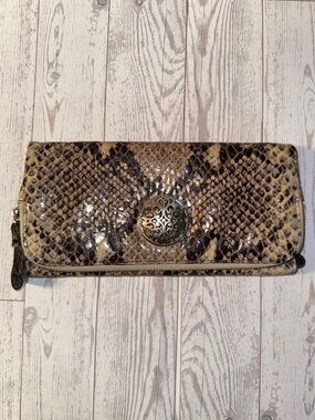 Brighton Genuine Leather Snake-Embossed Wallet Clutch in Brown and Tan